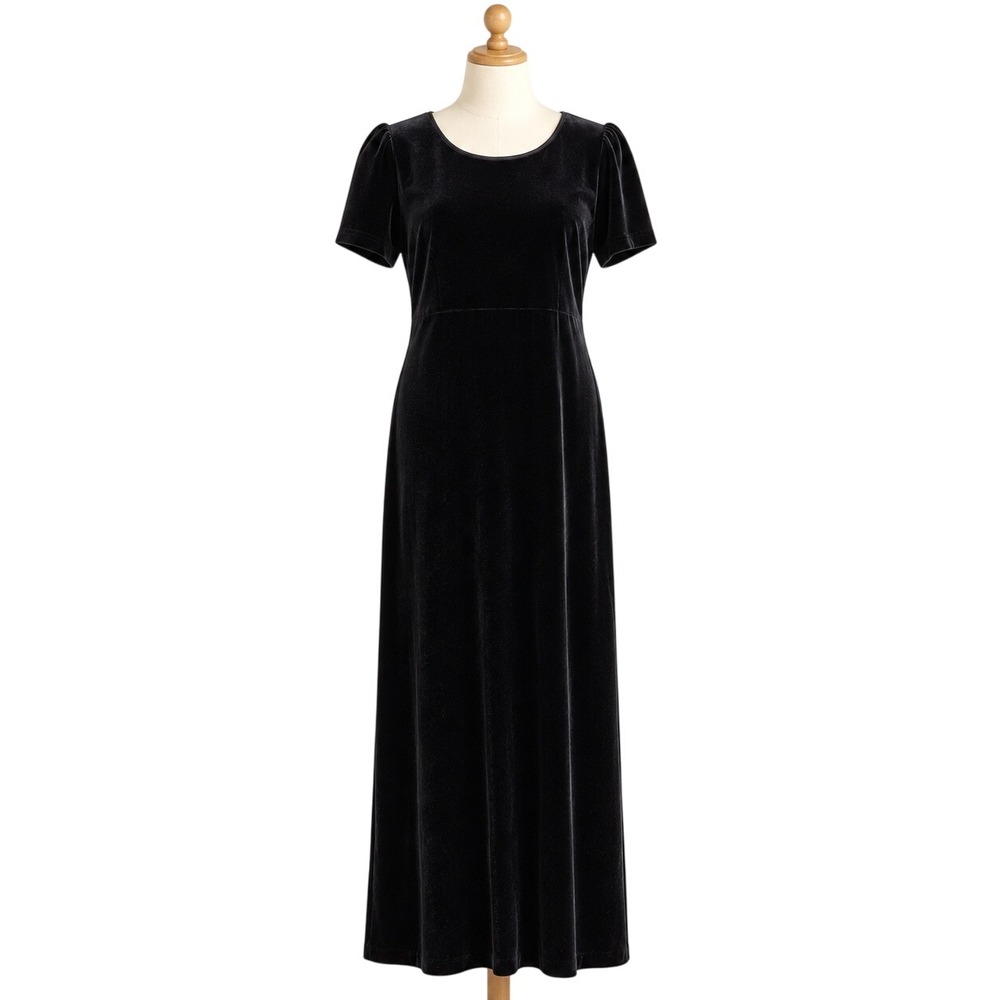 1990s Laura Ashley Black Velvet Maxi Dress Puff Sleeve Romantic Goth Hong Kong